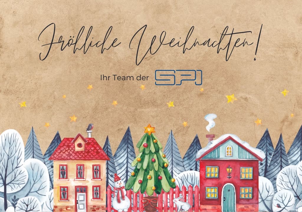 Karte Dezember - Illustrierte Häuser und Tannenbaum